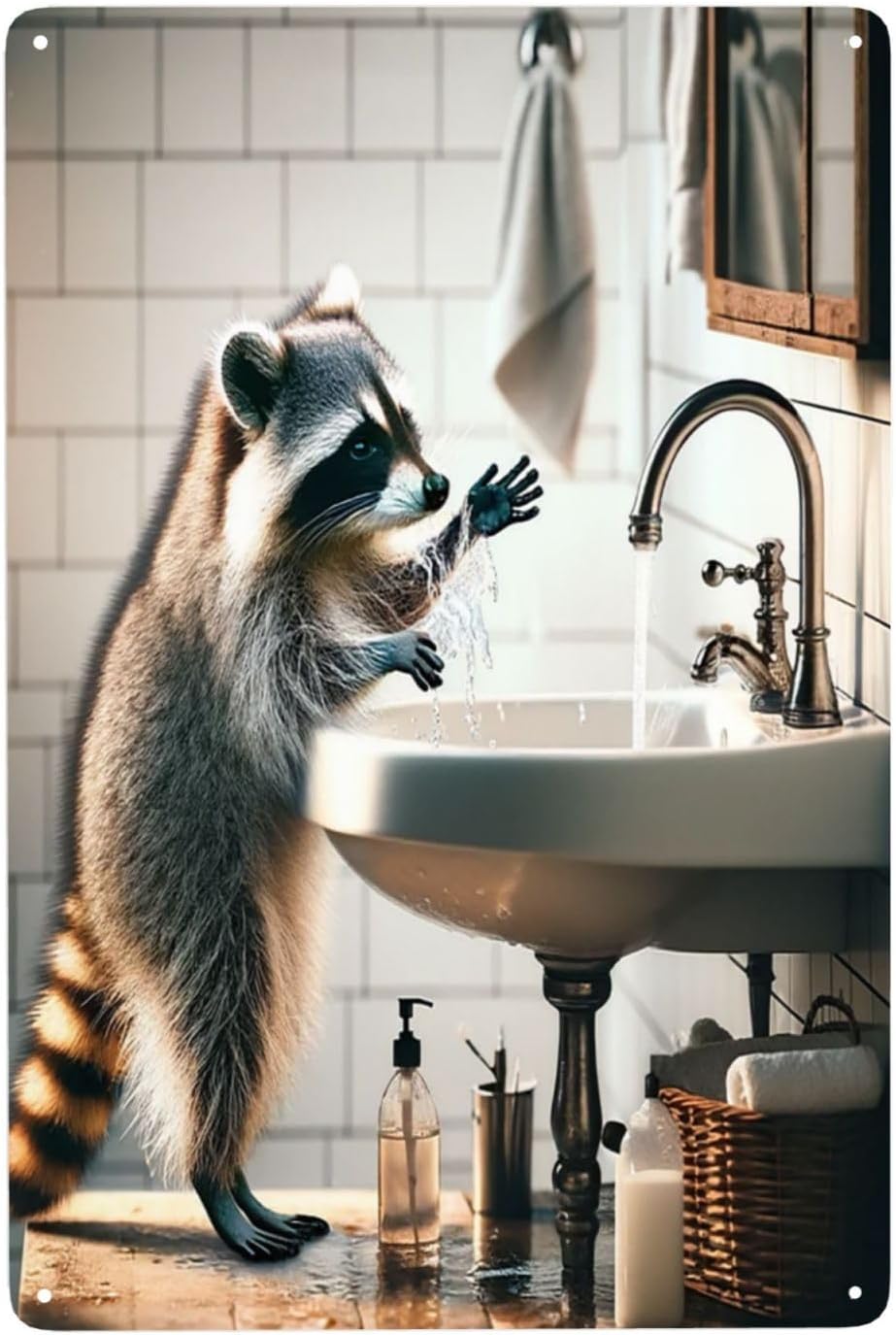 Home Bathroom Etiquette - Rustic Raccoon Bathroom Etiquette Metal Tin